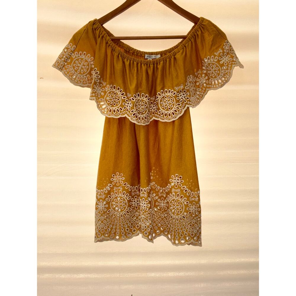 Fever Boho Mustard Yellow Off Shoulder Tunic Dress Mirror Eyelet Embroidery M